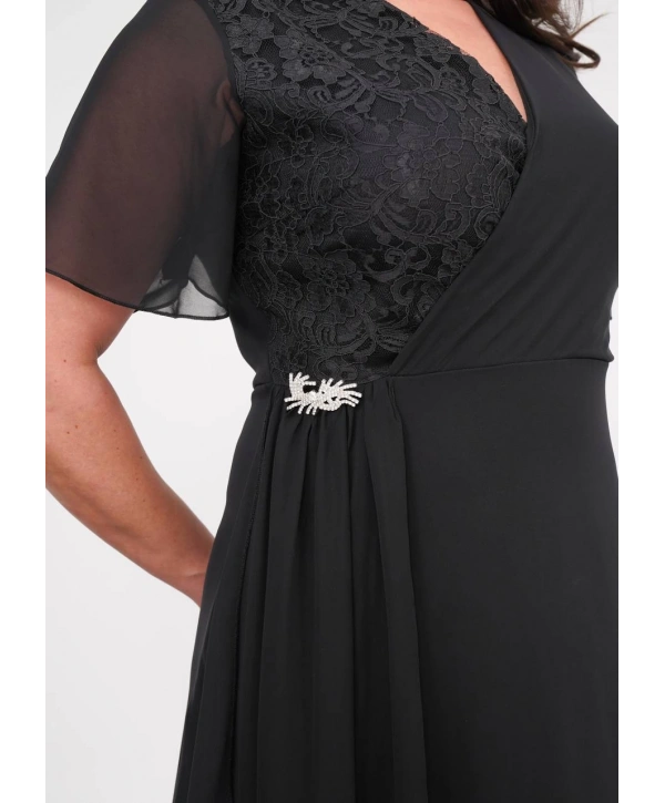 Büyük Beden Üst Dantel Detaylı Şifon Kısa Kollu Abiye Elbise