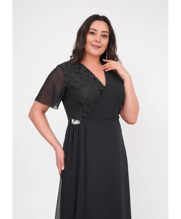 Büyük Beden Üst Dantel Detaylı Şifon Kısa Kollu Abiye Elbise