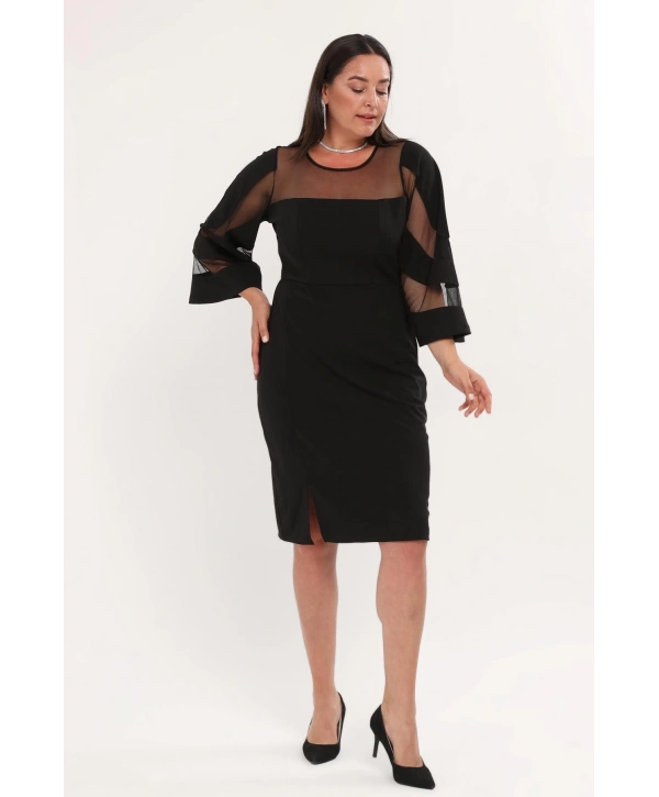 Büyük Beden Üst Ve Kol Tül Detaylı Yırtmaçlı Midi Boy Abiye Elbise