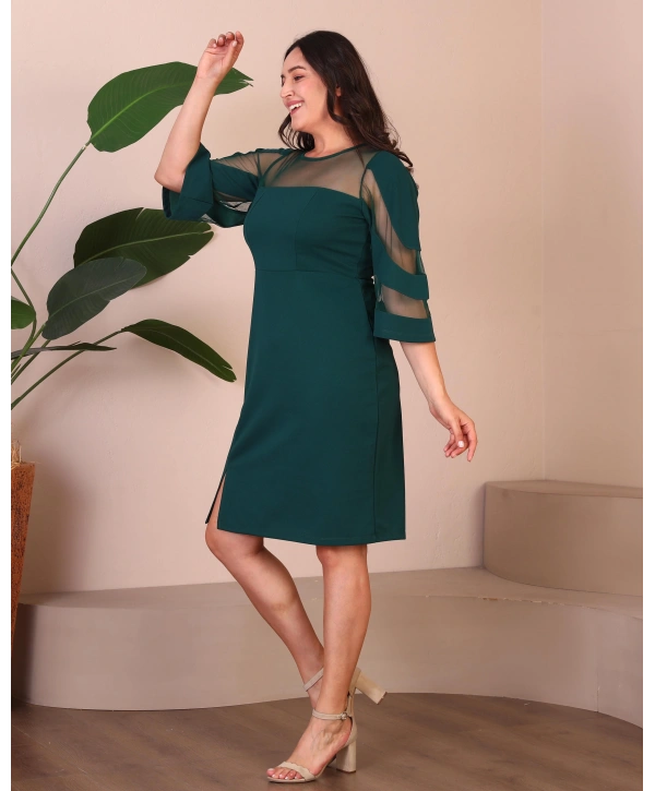 Büyük Beden Üst Ve Kol Tül Detaylı Yırtmaçlı Midi Boy Abiye Elbise