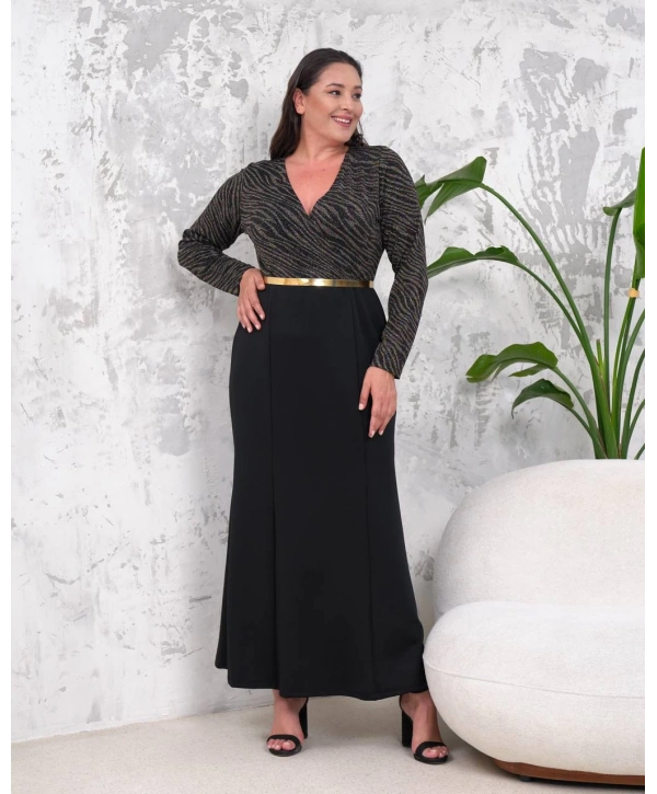 Büyük Beden Uzun Kollu Kruvaze Yaka Şerit Detaylı Abiye Elbise