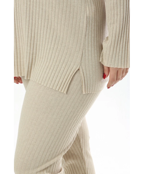 Büyük Beden Uzun Kollu Yüksek Bel Beli Lastikli Yırtmaçlı İnce Kaşkorse Takım