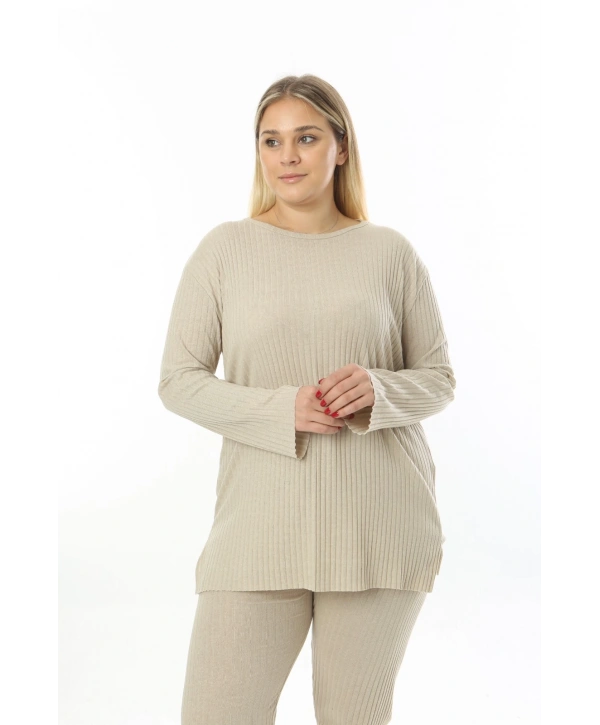 Büyük Beden Uzun Kollu Yüksek Bel Beli Lastikli Yırtmaçlı İnce Kaşkorse Takım