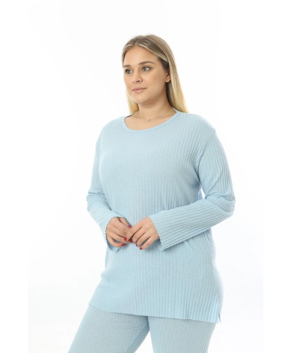 Büyük Beden Uzun Kollu Yüksek Bel Beli Lastikli Yırtmaçlı İnce Pijama Takım