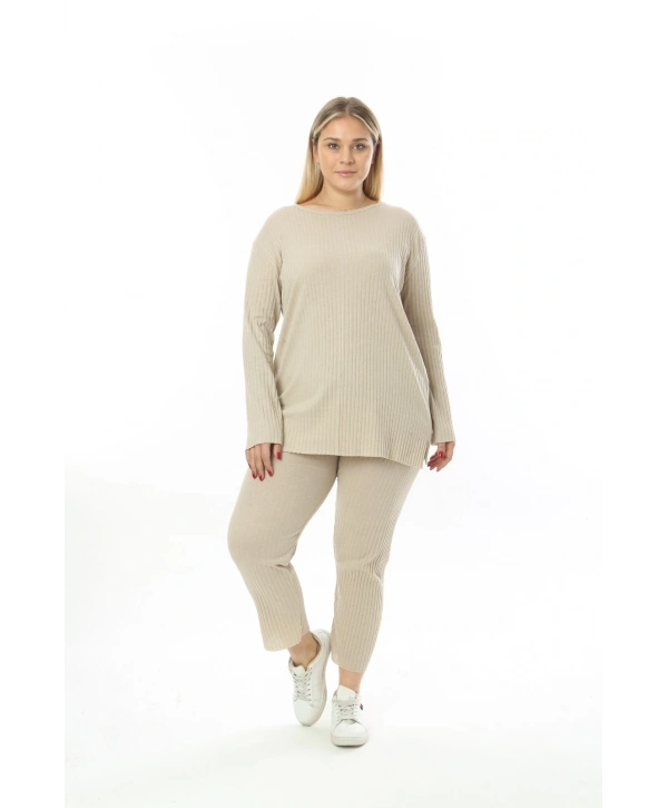 Büyük Beden Uzun Kollu Yüksek Bel Beli Lastikli Yırtmaçlı İnce Kaşkorse Takım