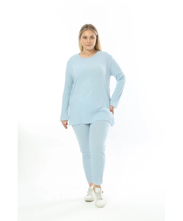 Büyük Beden Uzun Kollu Yüksek Bel Beli Lastikli Yırtmaçlı İnce Pijama Takım