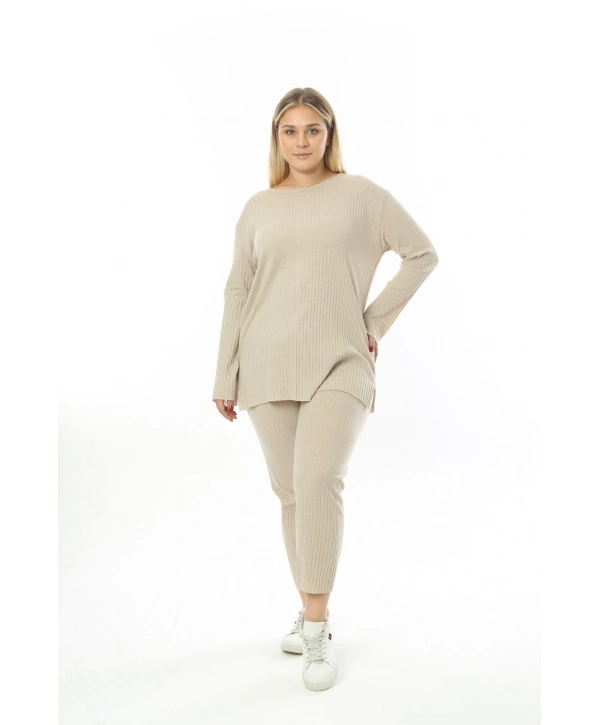 Büyük Beden Uzun Kollu Yüksek Bel Beli Lastikli Yırtmaçlı İnce Kaşkorse Takım