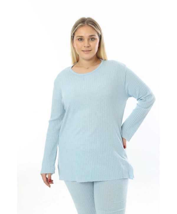 Büyük Beden Uzun Kollu Yüksek Bel Beli Lastikli Yırtmaçlı İnce Pijama Takım