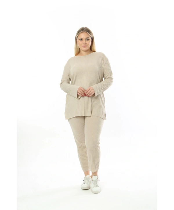 Büyük Beden Uzun Kollu Yüksek Bel Beli Lastikli Yırtmaçlı İnce Kaşkorse Takım