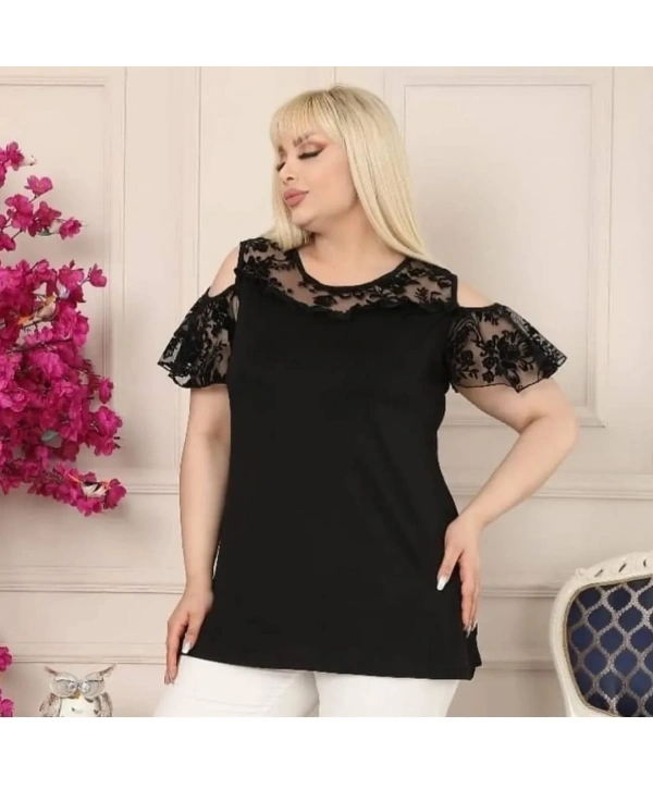 Büyük Beden Yaka Kol Dantelli Siyah Bluz