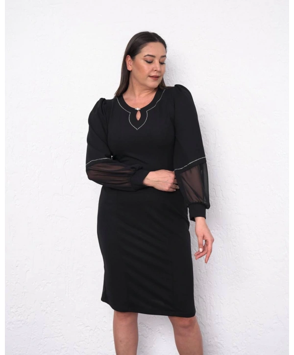 Büyük Beden Yaka Kol Detaylı Uzun Kol Midi Boy Abiye Elbise