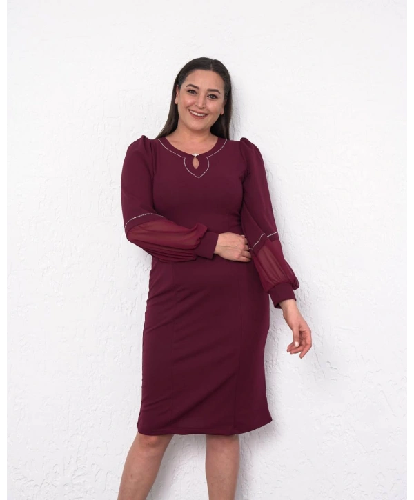 Büyük Beden Yaka Kol Detaylı Uzun Kol Midi Boy Abiye Elbise