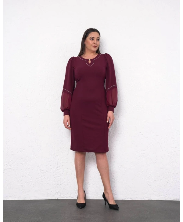 Büyük Beden Yaka Kol Detaylı Uzun Kol Midi Boy Abiye Elbise