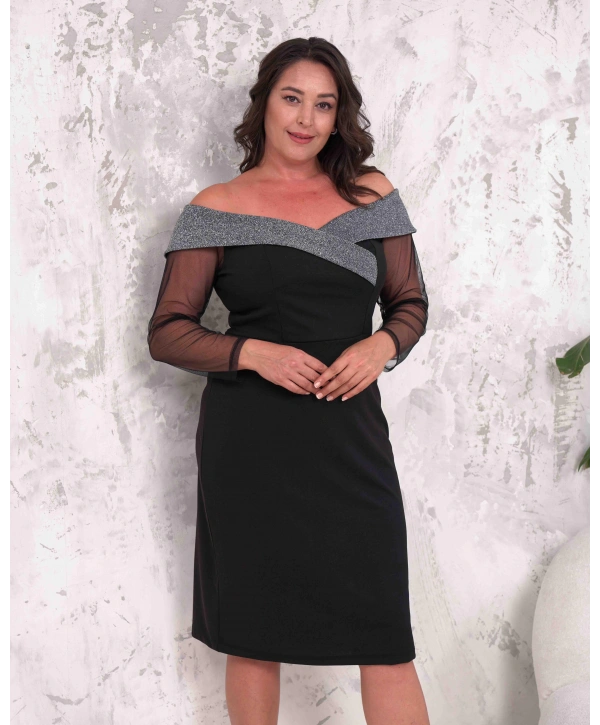 Büyük Beden Yaka Sim Detaylı Kol Tüllü Midi Boy Abiye Elbise