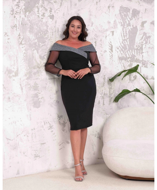 Büyük Beden Yaka Sim Detaylı Kol Tüllü Midi Boy Abiye Elbise