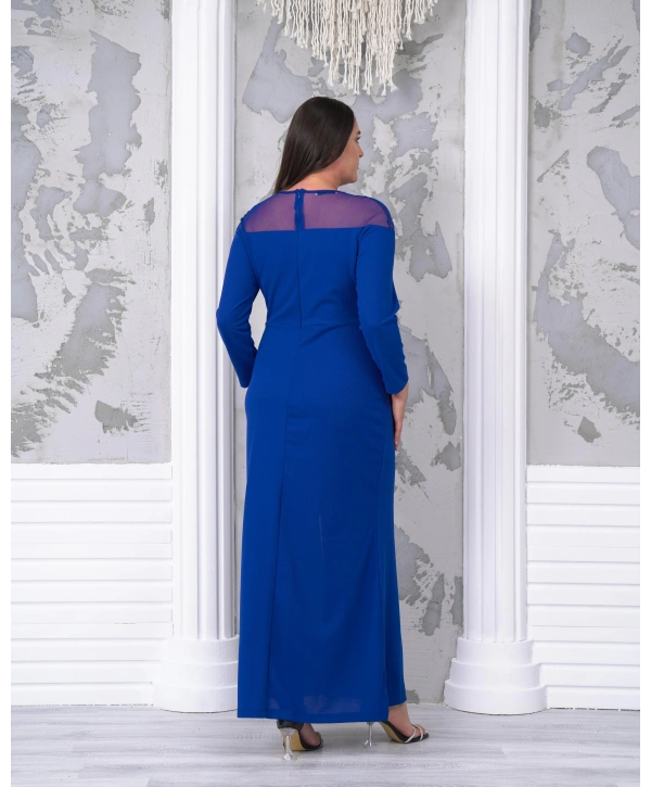 Büyük Beden Yaka Tül Detaylı Yırtmaçlı Uzun Kol Tam Boy Abiye Elbise