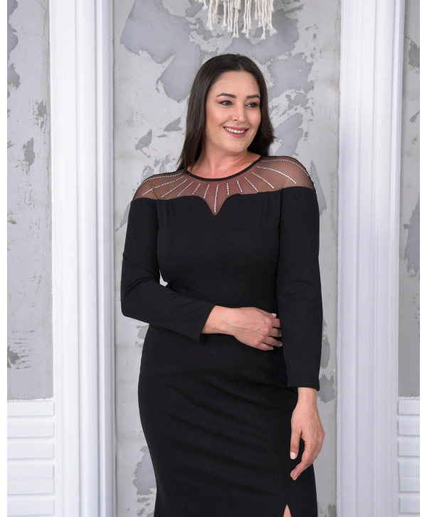 Büyük Beden Yaka Tül Detaylı Yırtmaçlı Uzun Kol Tam Boy Abiye Elbise