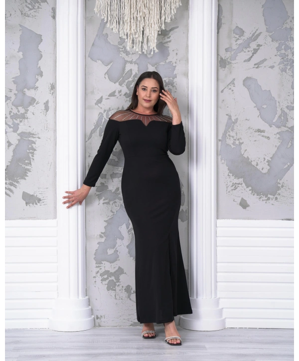 Büyük Beden Yaka Tül Detaylı Yırtmaçlı Uzun Kol Tam Boy Abiye Elbise