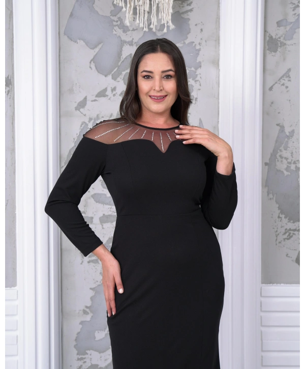 Büyük Beden Yaka Tül Detaylı Yırtmaçlı Uzun Kol Tam Boy Abiye Elbise