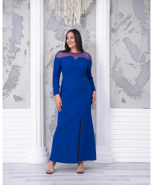 Büyük Beden Yaka Tül Detaylı Yırtmaçlı Uzun Kol Tam Boy Abiye Elbise