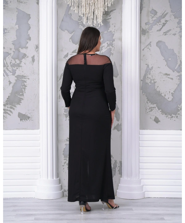 Büyük Beden Yaka Tül Detaylı Yırtmaçlı Uzun Kol Tam Boy Abiye Elbise