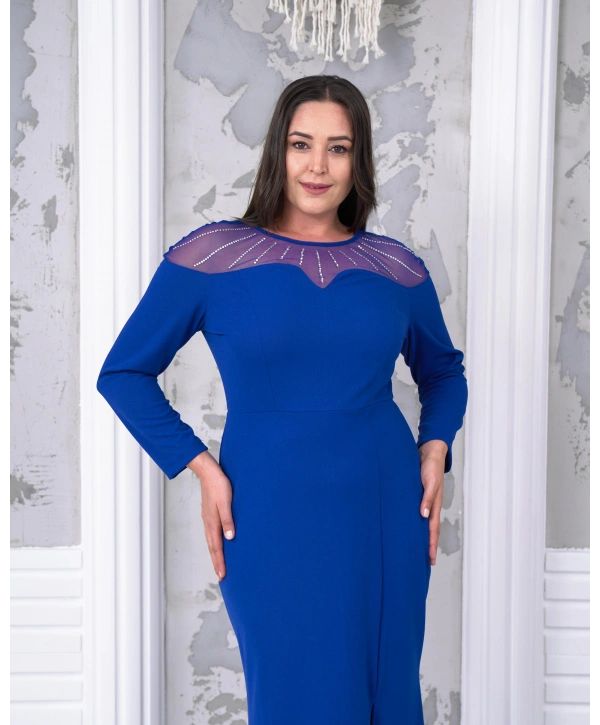 Büyük Beden Yaka Tül Detaylı Yırtmaçlı Uzun Kol Tam Boy Abiye Elbise