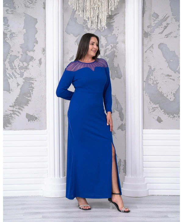 Büyük Beden Yaka Tül Detaylı Yırtmaçlı Uzun Kol Tam Boy Abiye Elbise