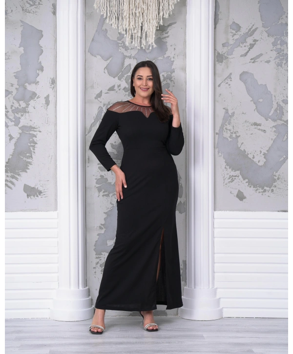 Büyük Beden Yaka Tül Detaylı Yırtmaçlı Uzun Kol Tam Boy Abiye Elbise