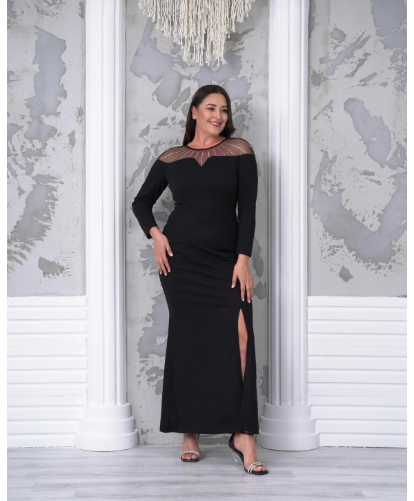 Büyük Beden Yaka Tül Detaylı Yırtmaçlı Uzun Kol Tam Boy Abiye Elbise