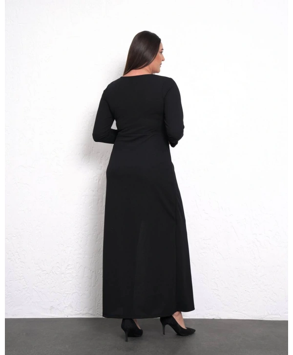 Büyük Beden Yaka Yırtmaç Pul Detaylı Uzun Kol Tam Boy Abiye Elbise