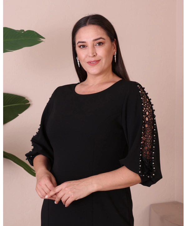 Büyük Beden Yuvarlak Yaka Kol Detaylı Midi Boy Abiye Elbise