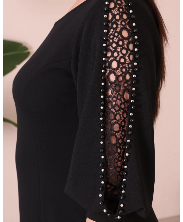 Büyük Beden Yuvarlak Yaka Kol Detaylı Midi Boy Abiye Elbise