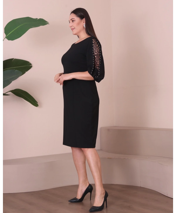 Büyük Beden Yuvarlak Yaka Kol Detaylı Midi Boy Abiye Elbise