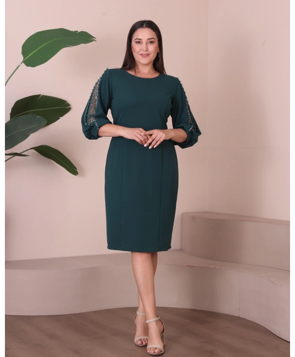 Büyük Beden Yuvarlak Yaka Kol Detaylı Midi Boy Abiye Elbise