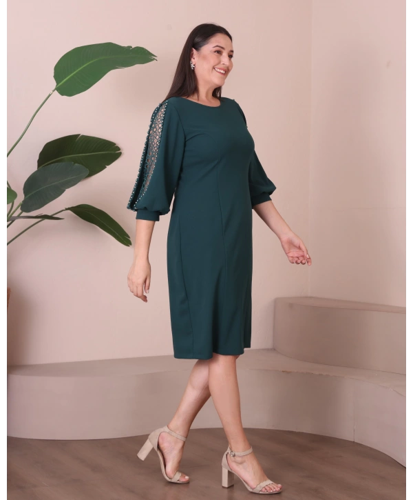 Büyük Beden Yuvarlak Yaka Kol Detaylı Midi Boy Abiye Elbise