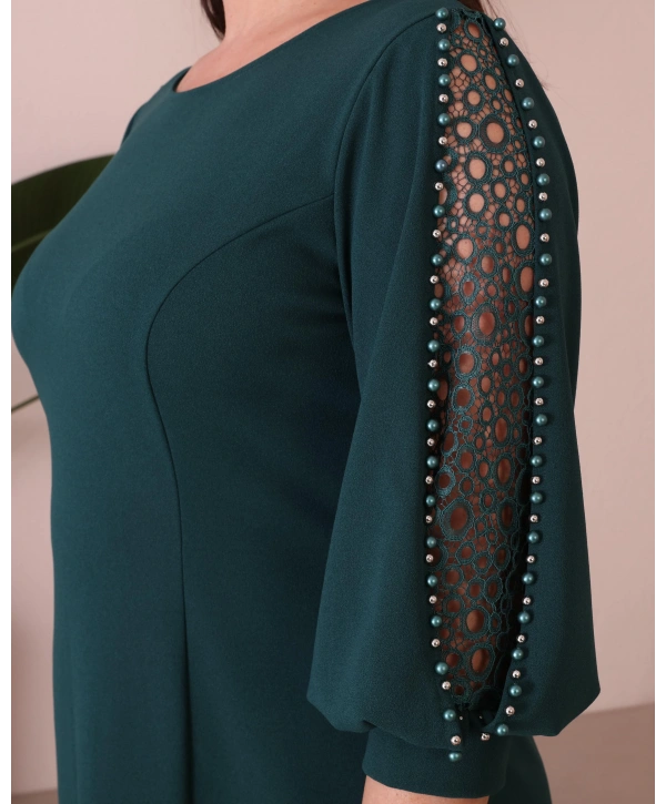 Büyük Beden Yuvarlak Yaka Kol Detaylı Midi Boy Abiye Elbise