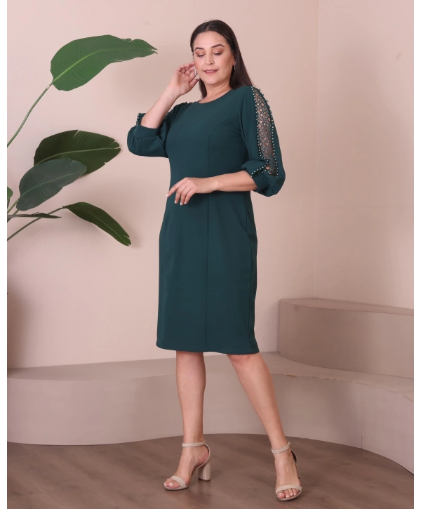 Büyük Beden Yuvarlak Yaka Kol Detaylı Midi Boy Abiye Elbise