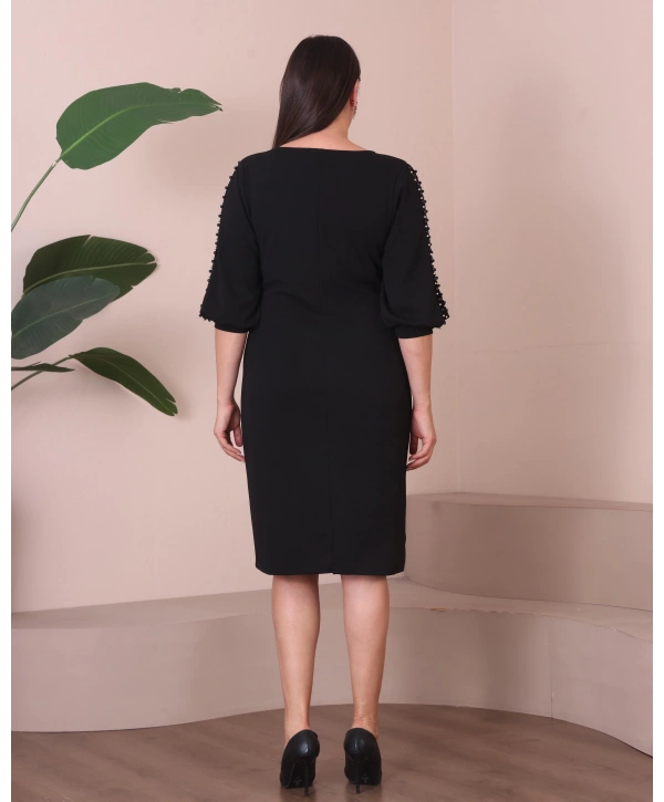 Büyük Beden Yuvarlak Yaka Kol Detaylı Midi Boy Abiye Elbise