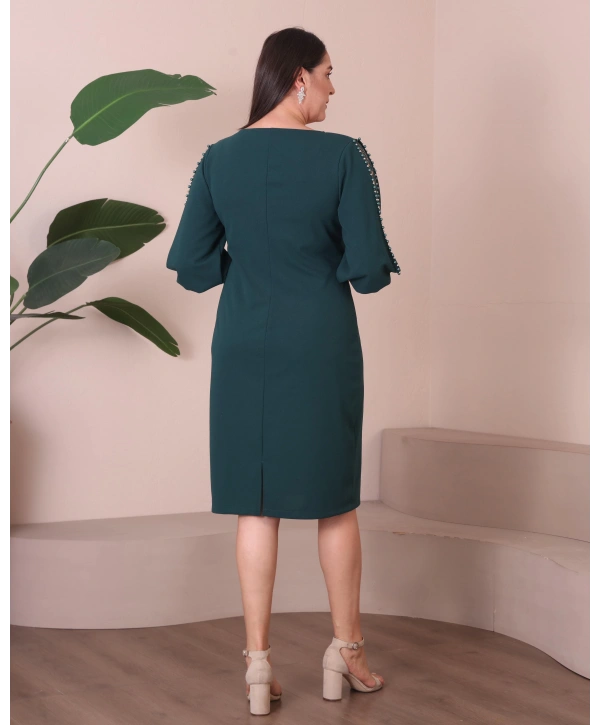 Büyük Beden Yuvarlak Yaka Kol Detaylı Midi Boy Abiye Elbise