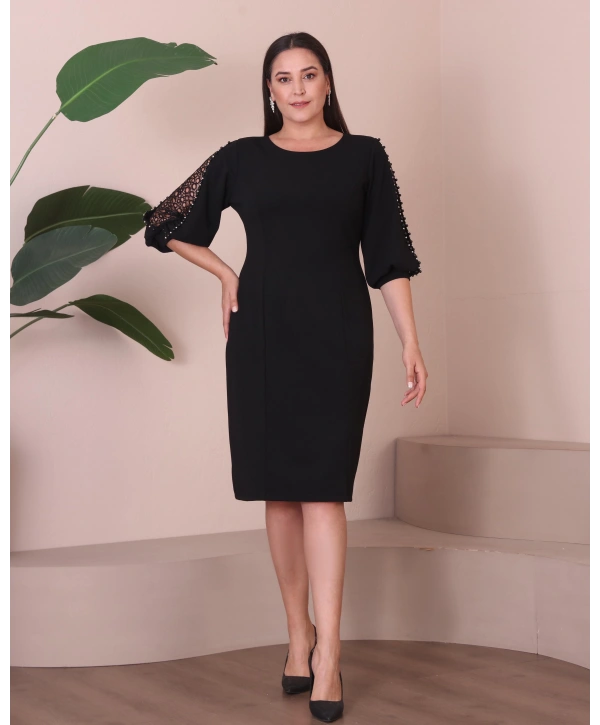 Büyük Beden Yuvarlak Yaka Kol Detaylı Midi Boy Abiye Elbise