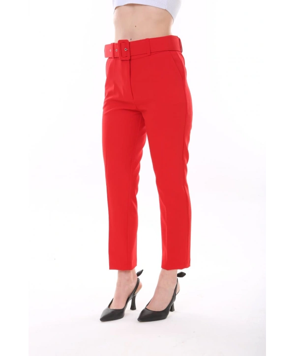 Kadın Atlas Kumaş Cepli Kemerli Pantolon