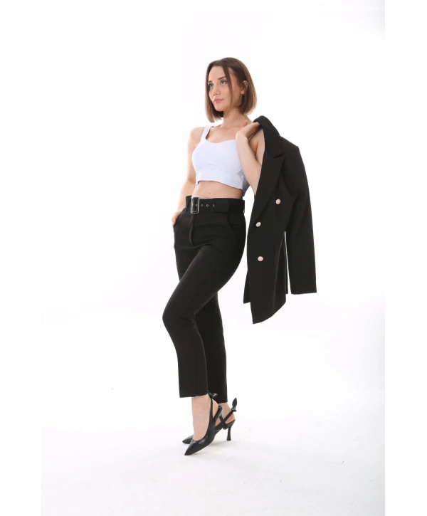 Kadın Atlas Kumaş Cepli Kemerli Pantolon