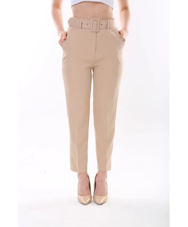 Kadın Atlas Kumaş Cepli Kemerli Pantolon