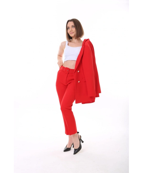 Kadın Atlas Kumaş Cepli Kemerli Pantolon