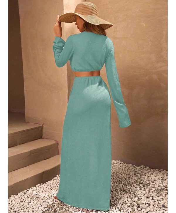 Kadın Bürümcük Kumaş Maxi Boy Yırtmaçlı Halka Detaylı Elbise