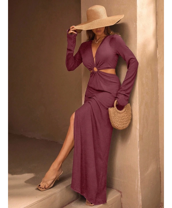 Kadın Bürümcük Kumaş Maxi Boy Yırtmaçlı Halka Detaylı Elbise