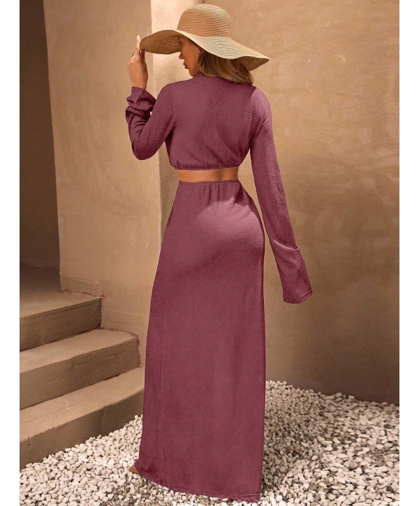 Kadın Bürümcük Kumaş Maxi Boy Yırtmaçlı Halka Detaylı Elbise