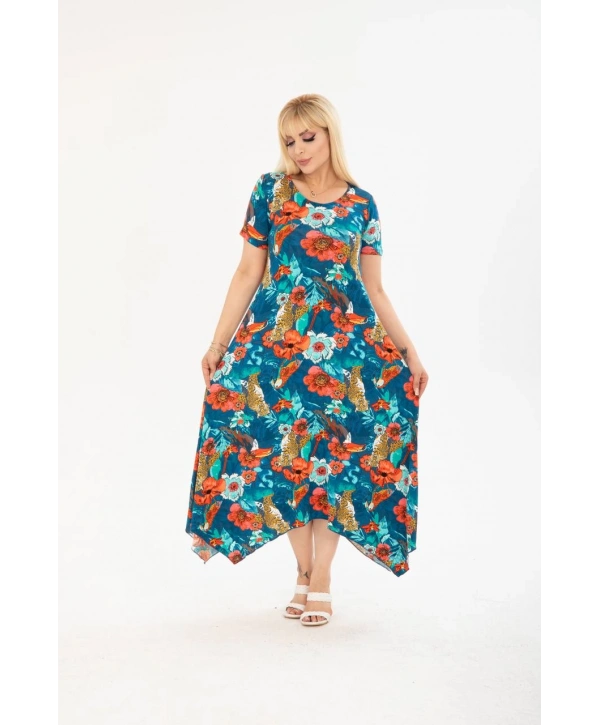 Kadın Büyük Beden Asimetrik Desenli Kısa Kollu Elbise