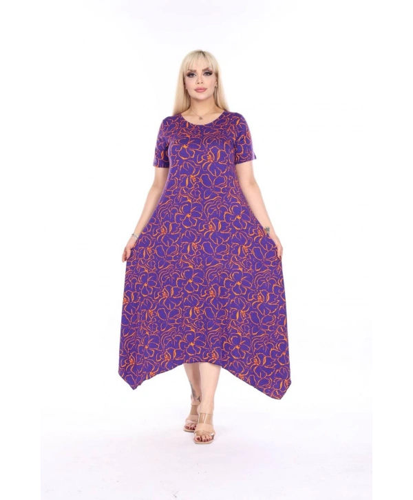 Kadın Büyük Beden Asimetrik Desenli Kısa Kollu Elbise