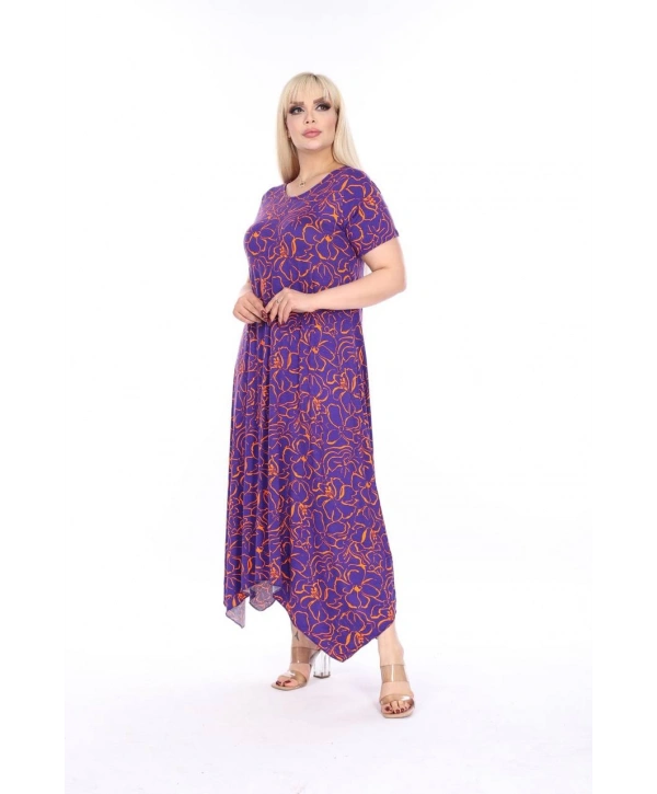 Kadın Büyük Beden Asimetrik Desenli Kısa Kollu Elbise